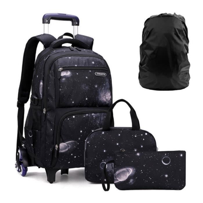 Boys' Rolling Schoolbag, Backpack for Students Ages 8-14 (CE2-CM1-6E), Black and Blue Starry Sky Style - 4 Pieces