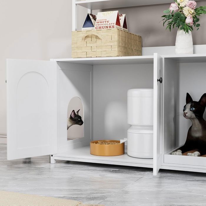 Krabpaal met kattenbak - SPEELGOED TE KOOP - Krabpaal, kattenhuis met plank, 40x31x132cm, wit