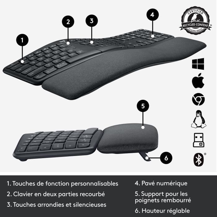Teclado inalámbrico Logitech ERGO K860 AZERTY ergonómico con reposamuñecas, color negro.