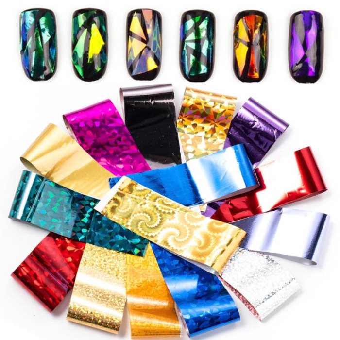 Lot de 20 feuilles holographiques pour ongles, autocollantes de transfert pour manucure DIY, motif ciel étoilé, à coller et à glisser.