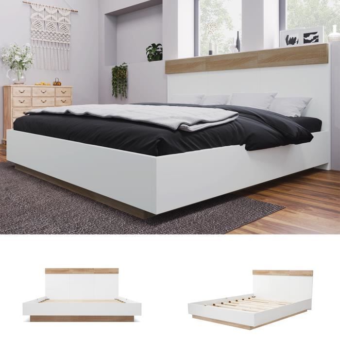 Letto matrimoniale 160x200cm - struttura in legno - rete a doghe - stile scandinavo - rovere + bianco
