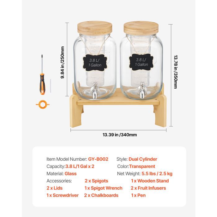Dispensador de bebidas VEVOR - Capacidad de 3,8 L, paquete de 2 - Fuente de agua de vidrio - Dispensa agua, jugo, limonada y té helado.