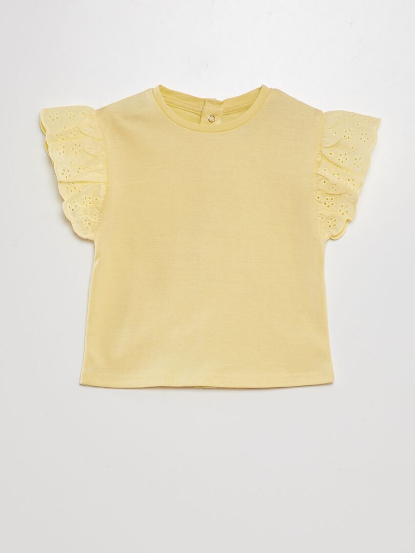 T-shirt met mouwen en Engelse borduursteek - GEEL