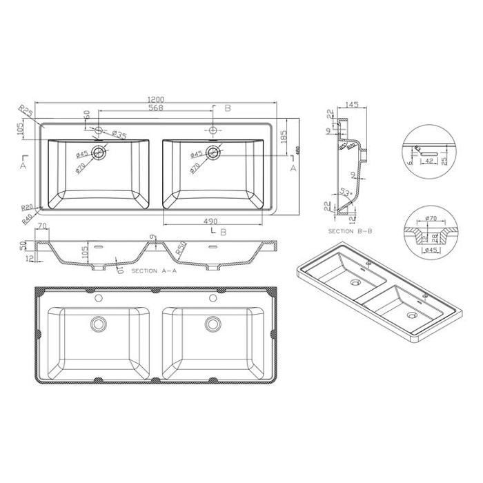 Lavabo a doppio incasso doporro, bianco, in superficie solida, rettangolare, di alta qualità, 120x48x14,5cm, Colossum08