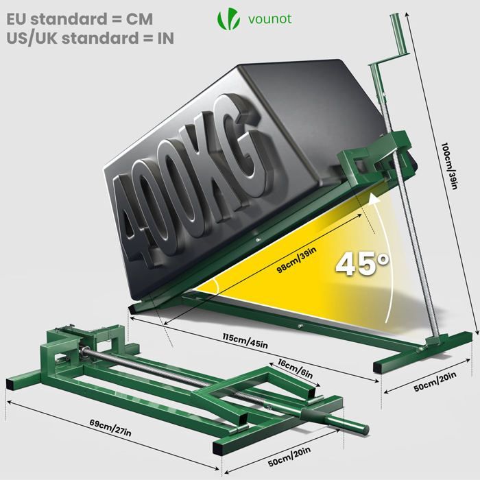 VOUNOT® Lawn Tractor Lift Jack 400 kg max - telescopic 78 to 98 cm long - height up to 60 cm - green
