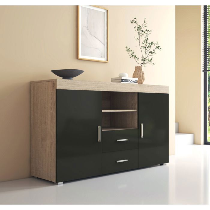 Aparador ROQUE 140x80x40 cm - 2 puertas 2 cajones - Acabado en roble Sonoma y negro - Almacenamiento para salón