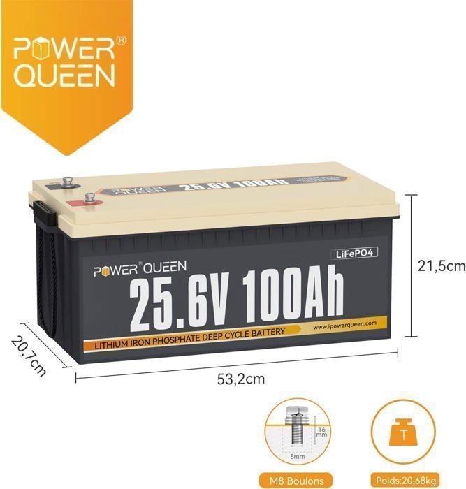 Power Queen 24V 100Ah 2560Wh Lithium LiFePO4-accu voor camper, caravan, reizen, scheepvaart en zonne-energiesystemen - Set van 2
