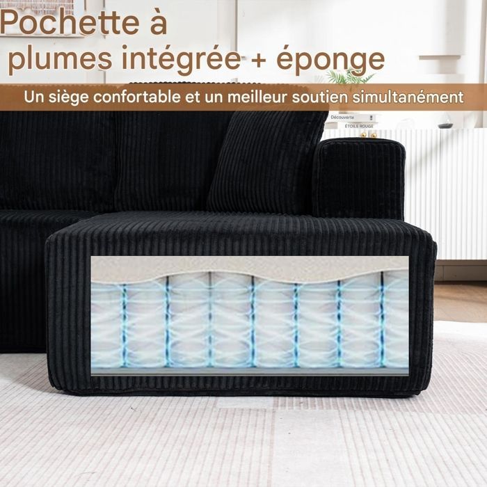 Panoramic U-shaped corner sofa, 4-seater, modular sofa, armrests, corduroy upholstery, spring and high-resilience foam cover, black