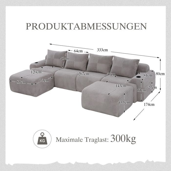 MEUBLIV Modular 4-seater sofa with 2 ottomans, cup holders and storage bags, 333x174x80cm, corduroy, light grey