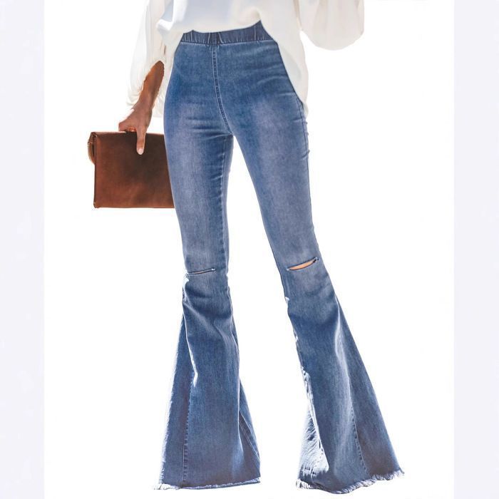 Pantalones vaqueros acampanados elásticos de talle alto con flecos para mujer de FUNMOON