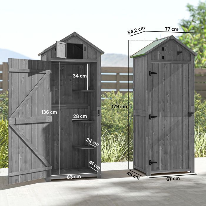 Caseta de jardín Outsunny - cobertizo para herramientas con 3 estantes, 2 puertas, techo de betún, almacenamiento exterior - madera - 77x54x179cm - gris