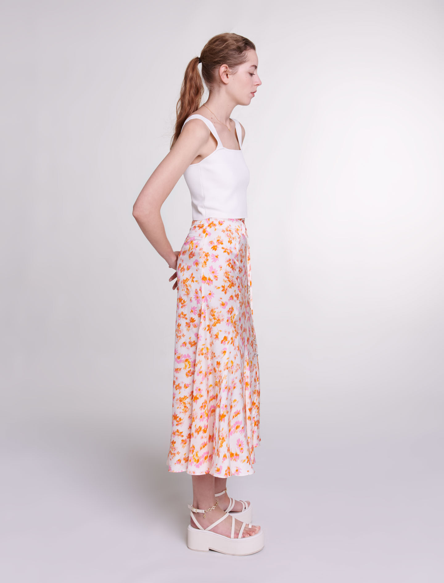 Satijnen rok met bloemenprint-imprimé printemps fleur oranje