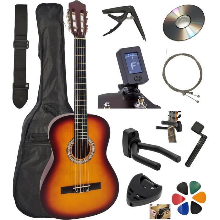 AMROVA Pack Guitare Classique 3/4 (Enfant 8-12 ans) + 10 Accessoires (Housse, Support) + Cours Vidéo & CD (Sunburst, 3/4, Droit)