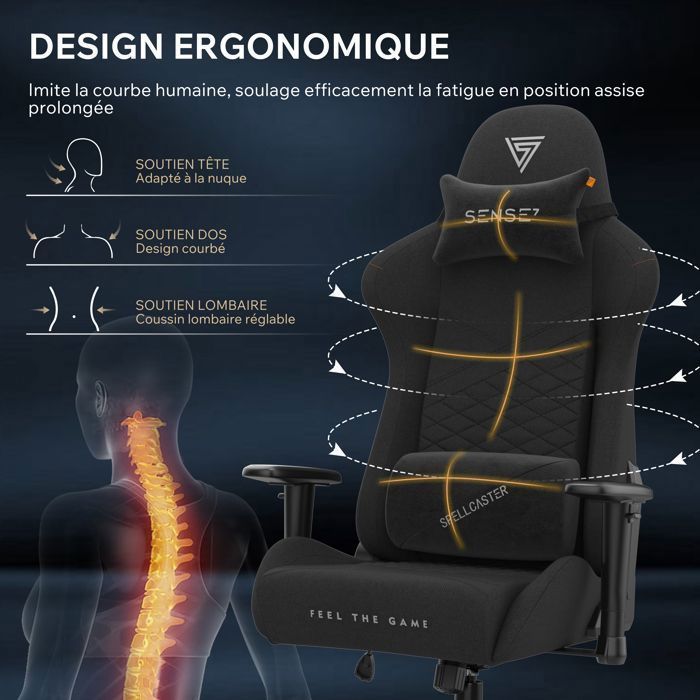 SENSE7 Spellcaster Senshi – Sedia da gaming – Ergonomica – Regolabile in altezza – Portata massima 150 kg/185 cm – Nera e arancione
