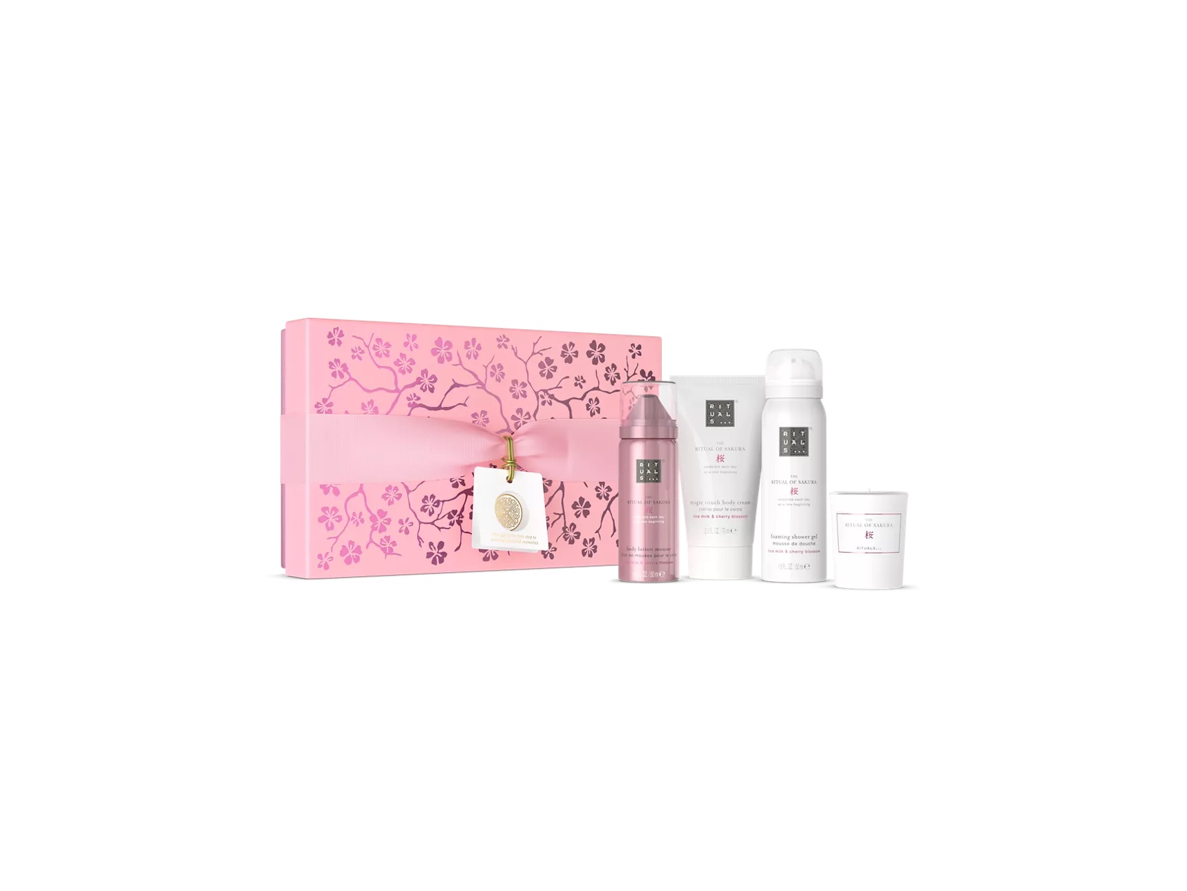 Darilni set The Ritual of Sakura S pena za prhanje 50 ml, krema za telo 70 ml, pena za losjon za telo 50 ml, gel za prhanje 25 g
