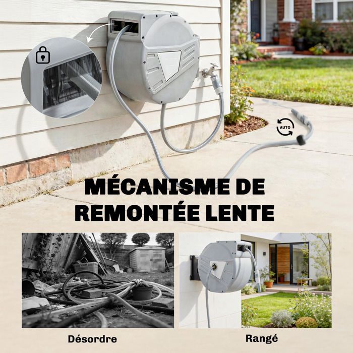 Enrouleur Tuyau Arrosage Mural - Outsunny - 40+2 m x Ø 15mm - Rétractable Automatique Pivotant à 180° - Plastique - Gris