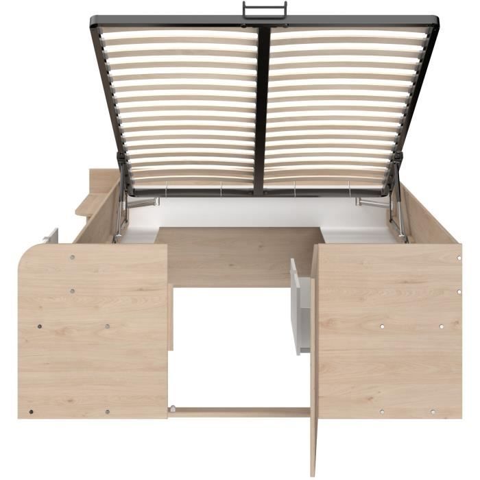 ODYSSEE Lit coffre adulte - 140x190/200 cm - Avec coffre relevable - Décor chêne et Blanc - 168,3x66,5x209,5 cm