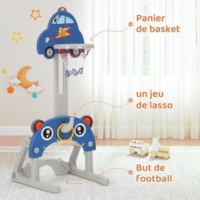 5 en 1 Toboggan pour enfants avec balançoire, toboggan, panier de basket, but de football, un jeu de lasso, hockey, Bleu