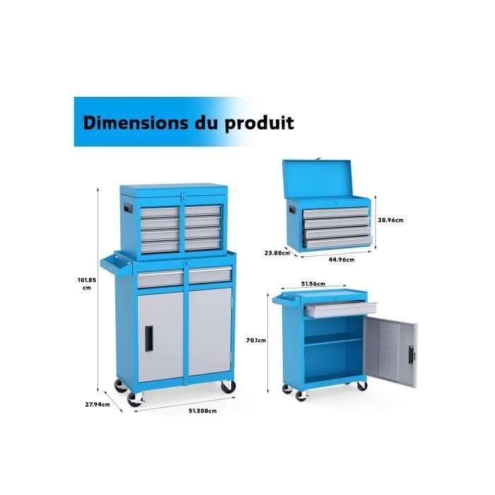 Carrello da officina 2 in 1 - ALIGHTUP - Cassetti e vani portaoggetti multistrato, con serratura e maniglia - Blu