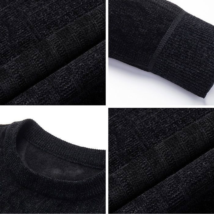 Men's Sweater, Men's Fleece-Lined Knit Sweater, Warm Crew Neck Basic Solid Color Casual Slim Fit Sweater - Grey