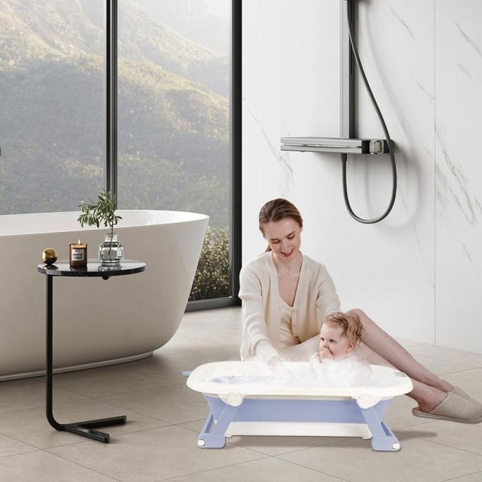 Bañera para recién nacidos - MIPAN - Bañera plegable para bebés - Con soporte + alfombrilla de baño + termómetro + juguete - Azul