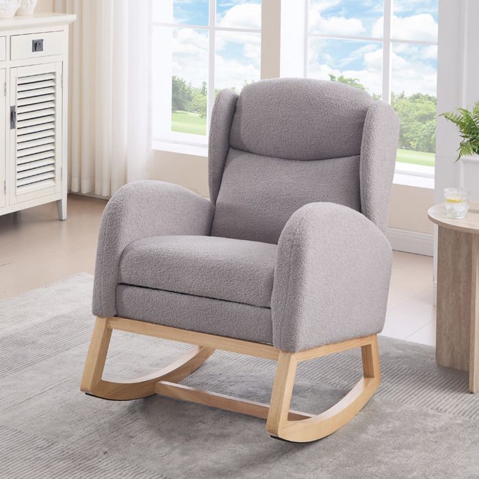 Mecedora moderna, silla de lactancia con reposapiés y estructura de madera, tela Teddy, gris.