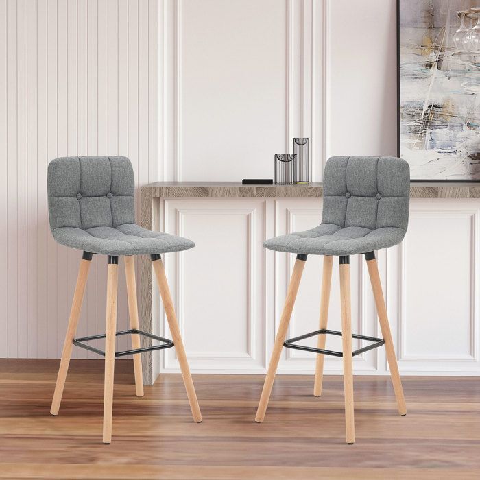 Juego de 2 taburetes de bar - HOMCOM - tapizados - respaldo y reposapiés - patas de madera - tela con aspecto de lino - 41,5 x 47 x 97,5 cm - gris