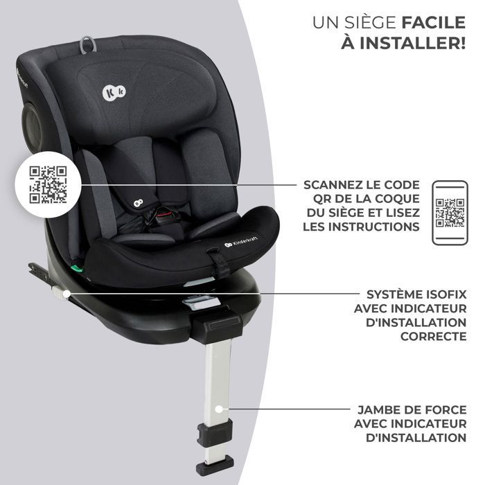 Kinderkraft I-360 I-SIZE Child Car Seat, 40–150cm, 360° Swivel, ISOFIX, Support Leg, H-GUARD, Adjustable Headrest, Black