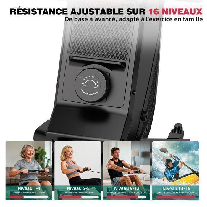 Rameur magnétique - RAOO MIN - QK-566 - Capacité 150Kg - 16 niveaux de résistance - Silencieux