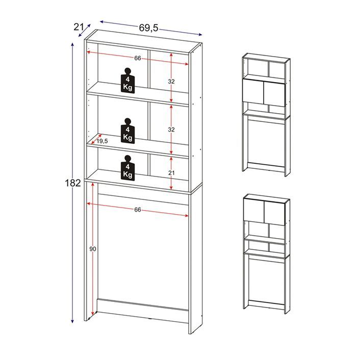 Bathroom/laundry room cabinet with 2 central doors and open shelves, white color