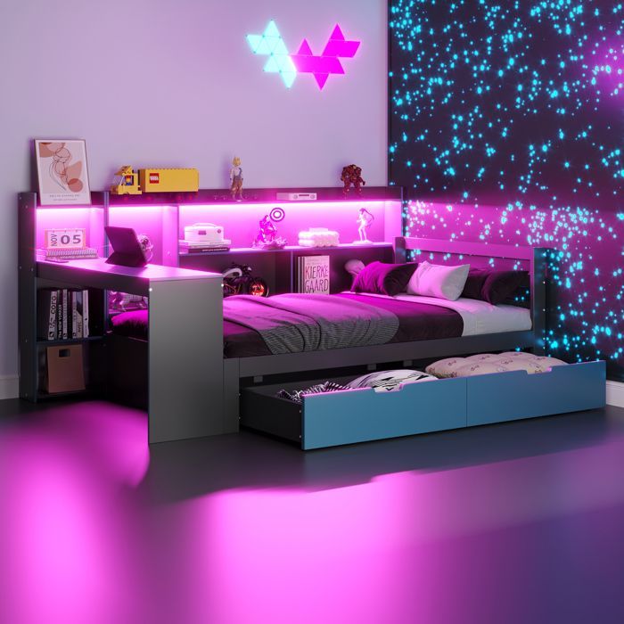 Cama individual de 90x200 cm con LED - 2 cajones y compartimentos de almacenamiento - toma de corriente - negro+azul