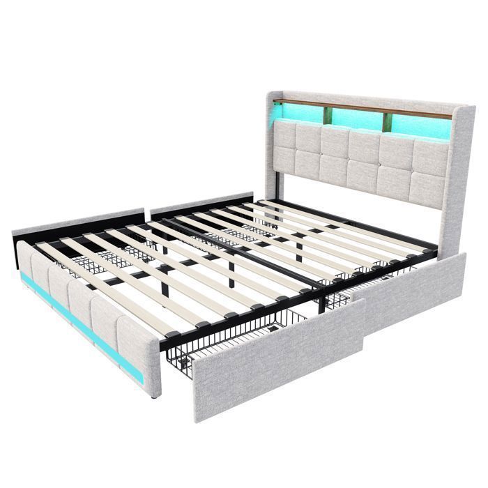 Lit 140x200 cm avec tiroirs, lit double avec tiroirs, chargement USB+Type C, cadre de lit avec sommier à lattes, lit adulte, beige