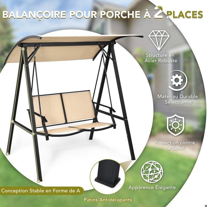 DREAMADE 2-zits schommelstoel met verstelbare luifel, metalen frame en stoffen zitting, veerhaken, voor tuin, balkon en terras