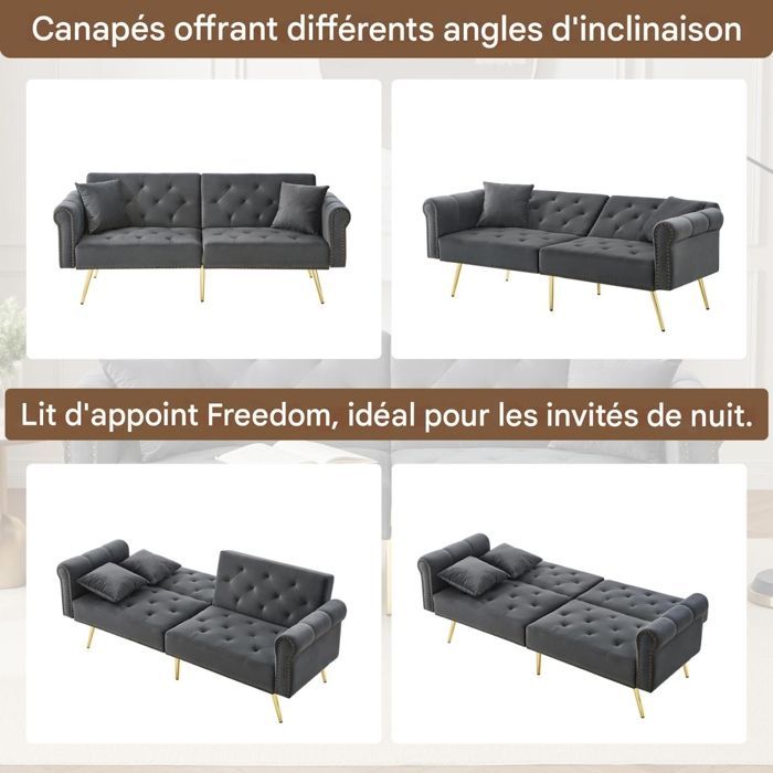 Canapé convertible - RAVAS - Banquette 2 places - Velours gris - Dossier réglable - Espace de rangement