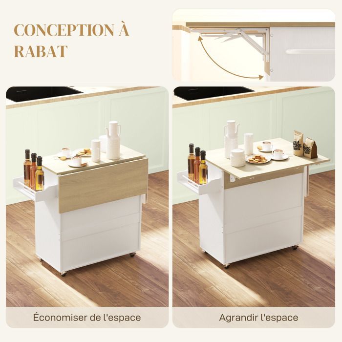 Carrito de cocina con ruedas - HOMCOM - cajón, estante ajustable, especiero y toallero - blanco