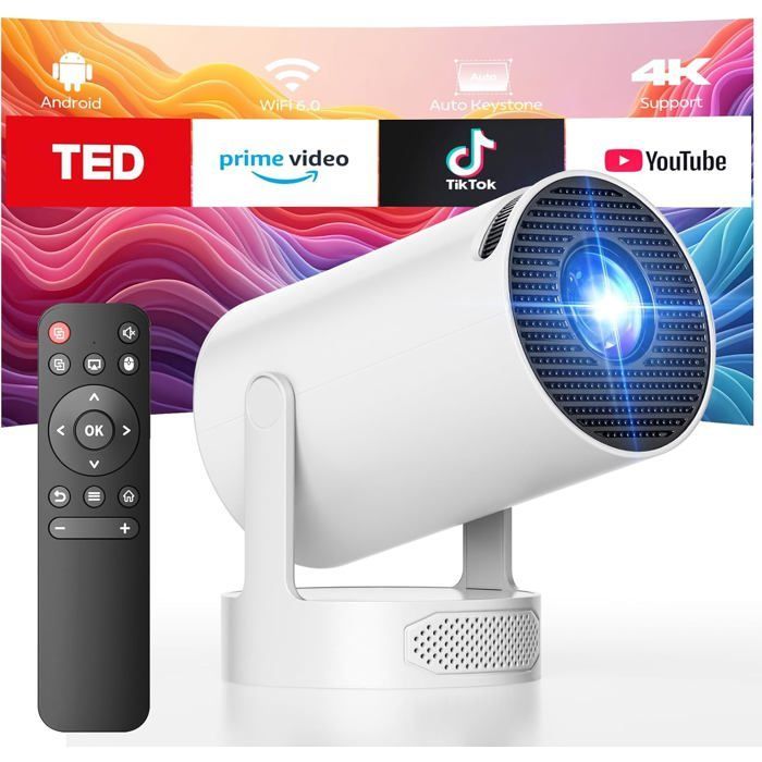 Proyector portátil TRAHOO - Compatible con 1080p/4K - WiFi 6 de doble banda - Bluetooth 5.0 - Rotación de 220°