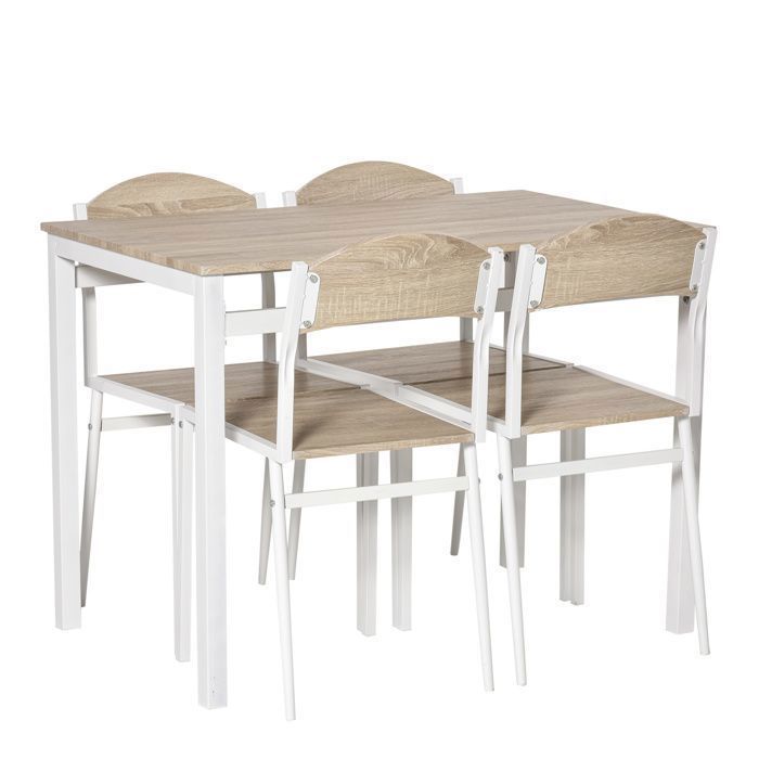 Plaque épaissieCatering Group Set de 5 tables de salle à manger en MDF grainé bois et métal blanc cassé, 1 table et 4 chaises pour