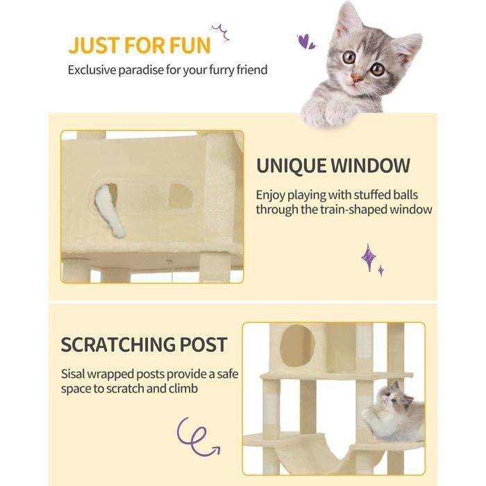 Árbol rascador grande para gatos de 210 cm, torre para gatos de interior, con percha grande, alfombrilla lavable, 2 cuevas para gatos, hamaca, color beige.