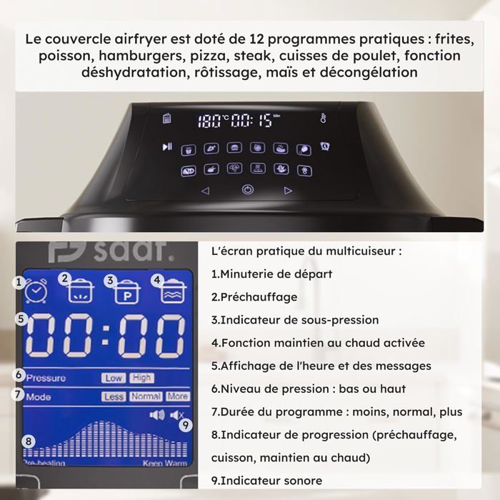 Multicooker con friggitrice ad aria – Set da 15 pezzi – 24 programmi – Cottura lenta, cuociriso, vaporiera e pentola a pressione – 6 litri [MU736]