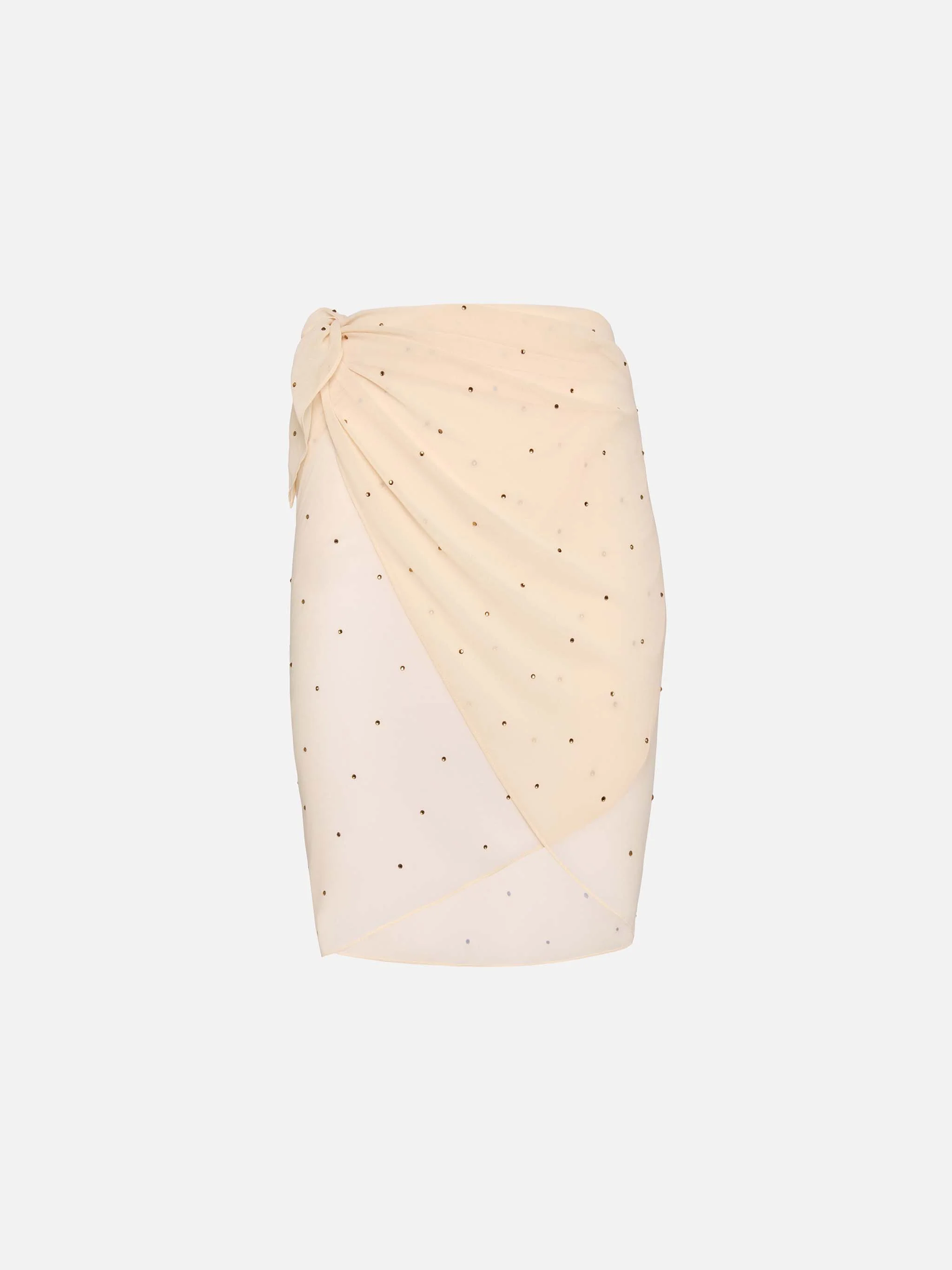 Zeer korte pareo van crèmekleurige georgette met strassversieringen.