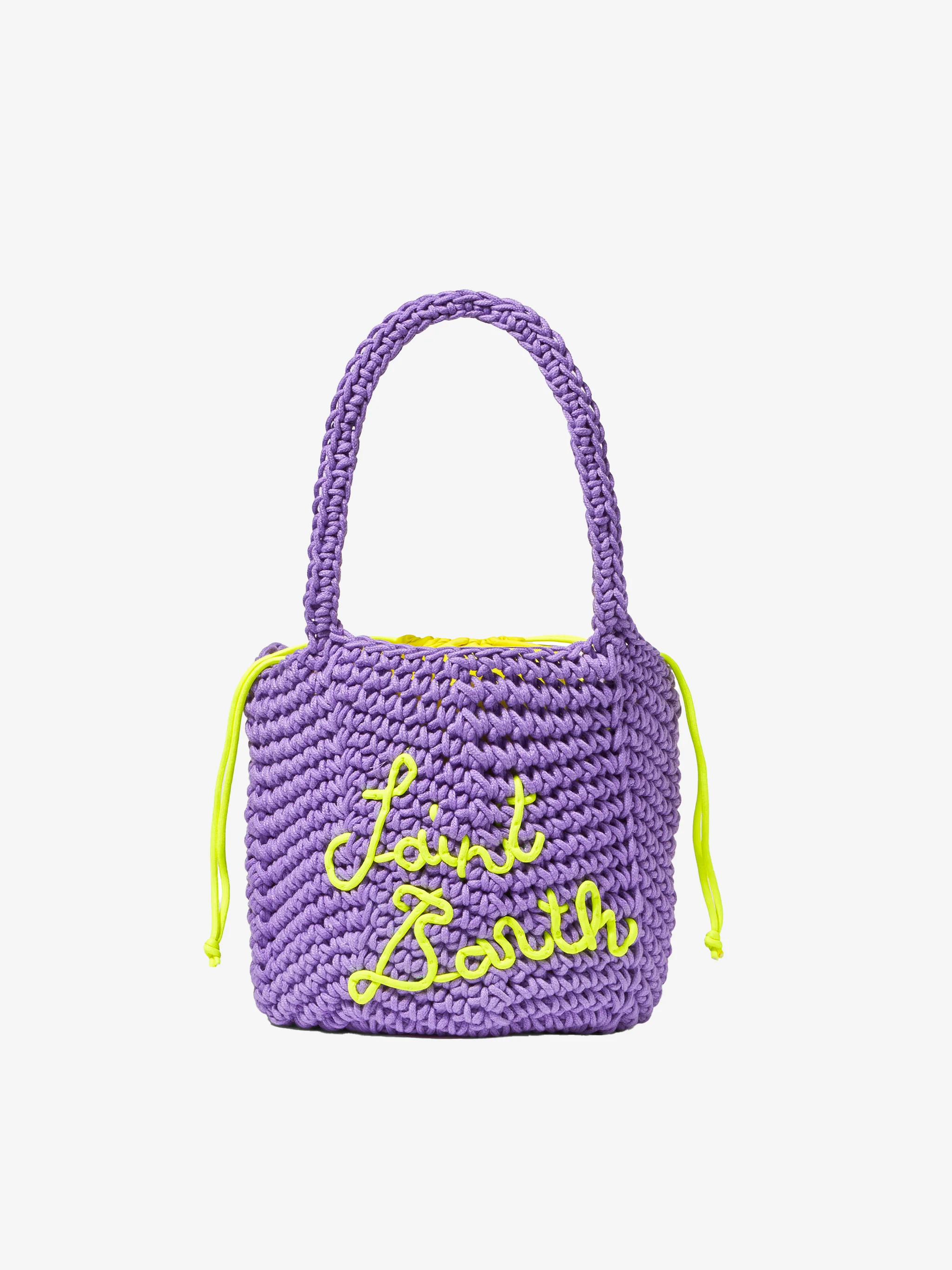Paarse gehaakte schoudertas met gele Saint Barth-borduurwerk | Uitneembaar binnenvakje | 25 x 27 x 20 cm | MC2 Saint Barth