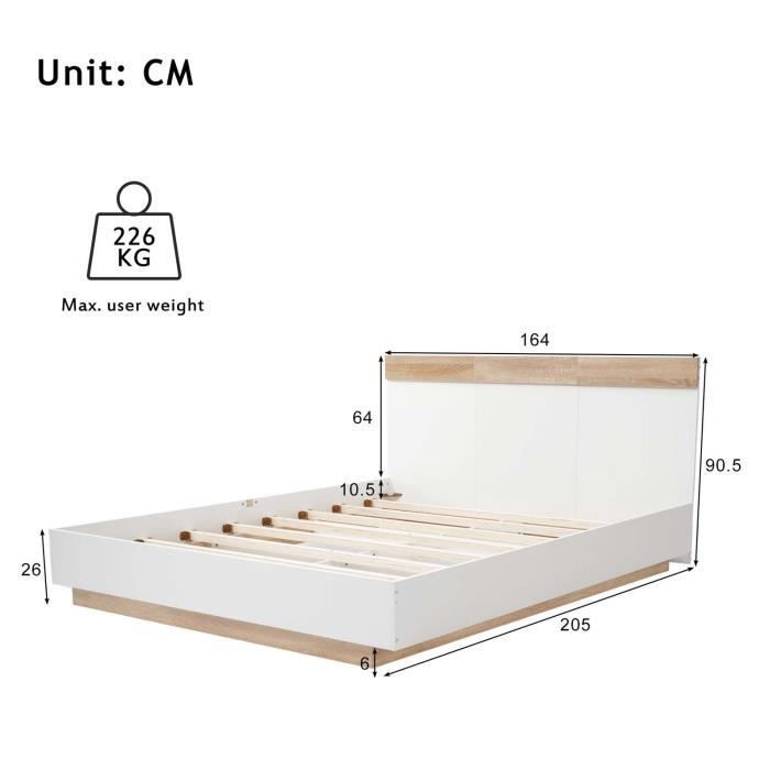 Letto matrimoniale 160x200cm - struttura in legno - rete a doghe - stile scandinavo - rovere + bianco