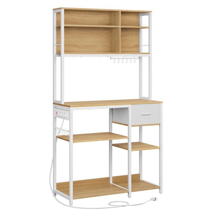 Carrello da cucina - VASAGLE - Ripiano da cucina con multipresa - Ripiani regolabili, rovere dorato e bianco nuvola