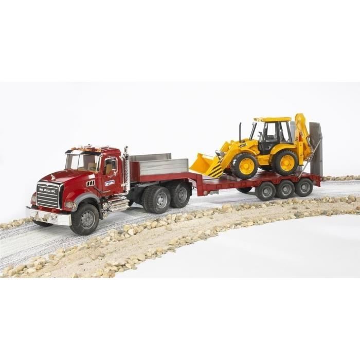 MACK Transport Truck with JCB 4CX Backhoe Loader - BRUDER - 1:16 Scale - Red