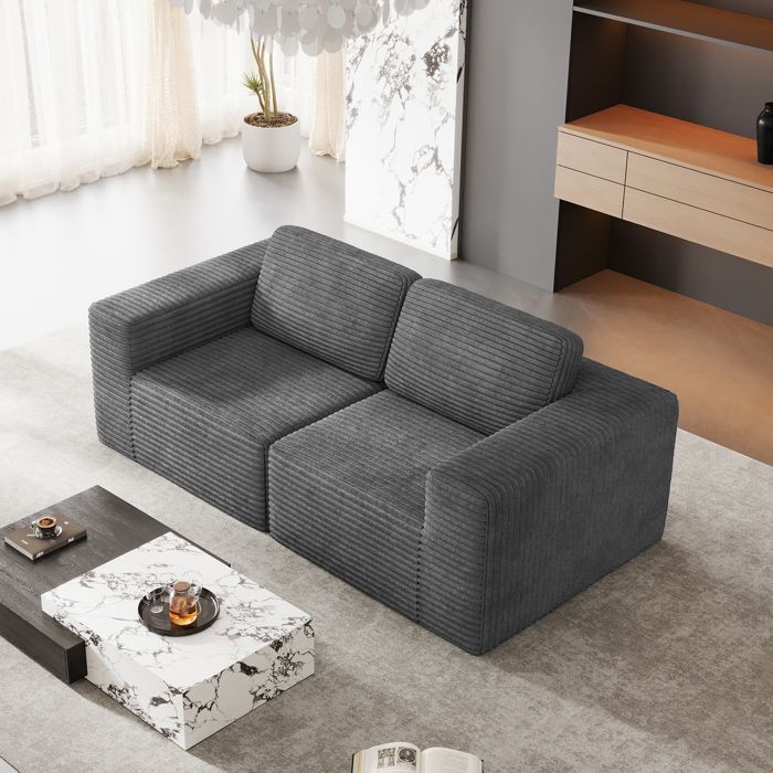 Canapé 2 places modulable en Velours Côtelé, avec 2 coussins, 202x101x82cm, Gris