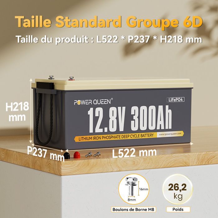 Power Queen 12V 300Ah Lithium LiFePO4-accu - 3840Wh - 200A BMS - Meer dan 4000 oplaadcycli - Hoge capaciteit - L521*B238*H217mm