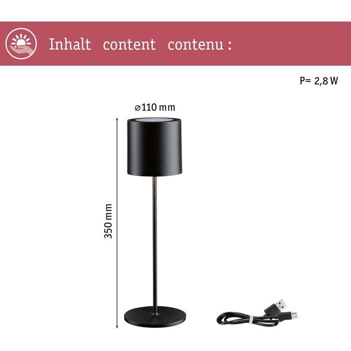 Lampe à poser - Paulmann Tuni - LED rechargeable - IP44 - Noir mat - 2,8W