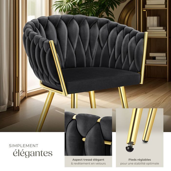 Chaises - TECTAKE - Lot de 2 fauteuils de salle à manger ASTANO en velours design noué avec pieds fin en acier - Noir/Or
