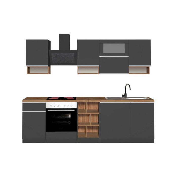 Dmora - Attiko Complete Keuken, 255x60xh85 cm, Antraciet, Eiken, Paneel met Houtnerf en Glas