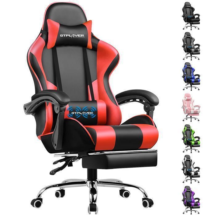 Sedia da gaming, sedia da ufficio, sedia girevole con massaggio lombare, poggiapiedi e braccioli in similpelle (rossa)